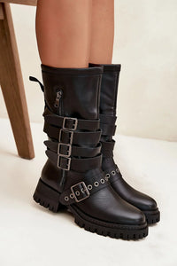 bottes femme mi mollet simili cuir noir semelle crantée bout rond talon bloc 5cm sangles réglables boucles argentées fermeture latérale