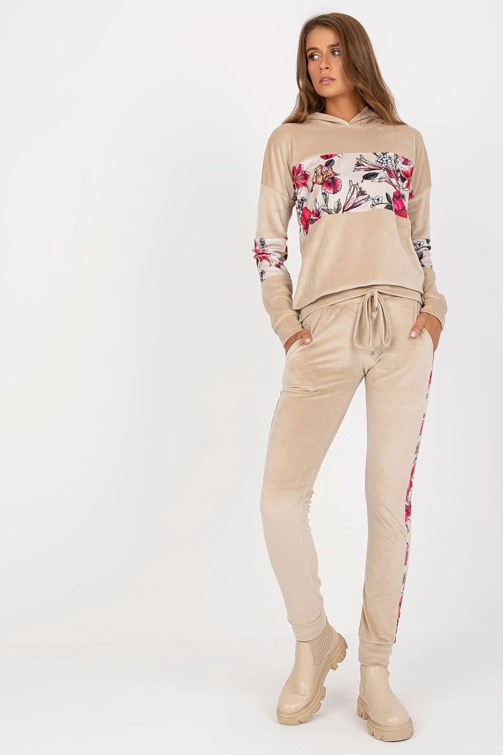 Ensemble femme Rue Paris velours floral manches longues pantalon jogger noir rouge violet rose blanc
