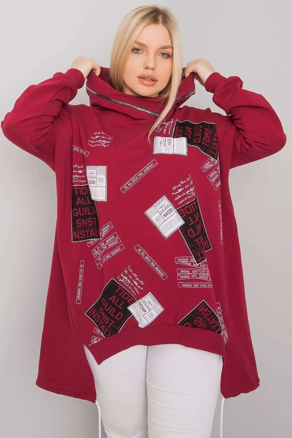 Pullover long pour femmes style casual contemporain graphique imprimé asymétrique couleur bordeaux matériau coton doux polyester