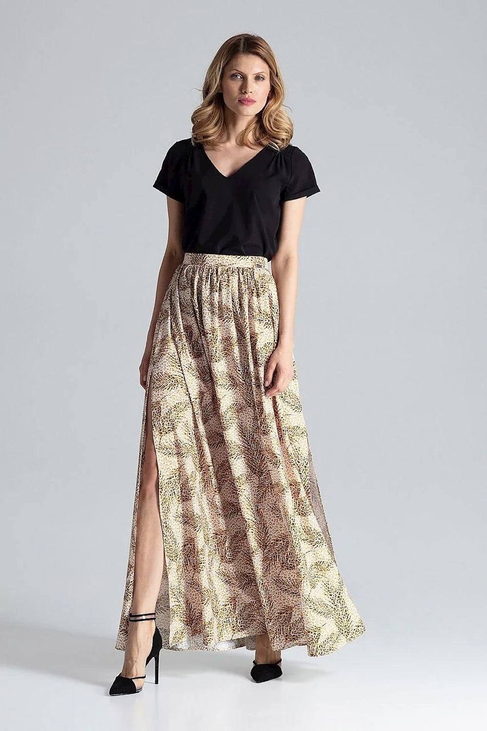Jupe longue imprimée Figl en polyester élasthanne taille élastique fentes latérales style naturel pour femmes