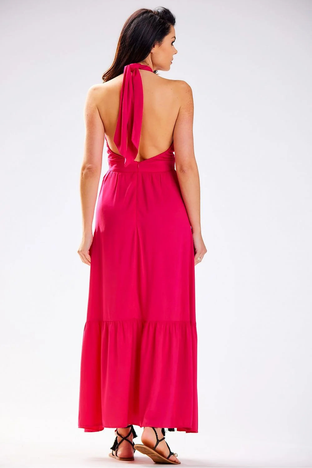 Robe longue fuchsia audacieuse pour femme, style élégant, sans manches, dos ouvert, tissu fluide, occasion estivale