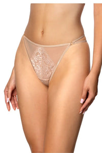 string nude beige tulle transparent dentelle florale taille basse jambières échancrées doubles lanières anneaux décoratifs invisible dessous ajustés