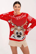 pull noël femme rouge jacquard renne grand motif flocons inscription col rond manches longues bordcôtes tricot chaud doux