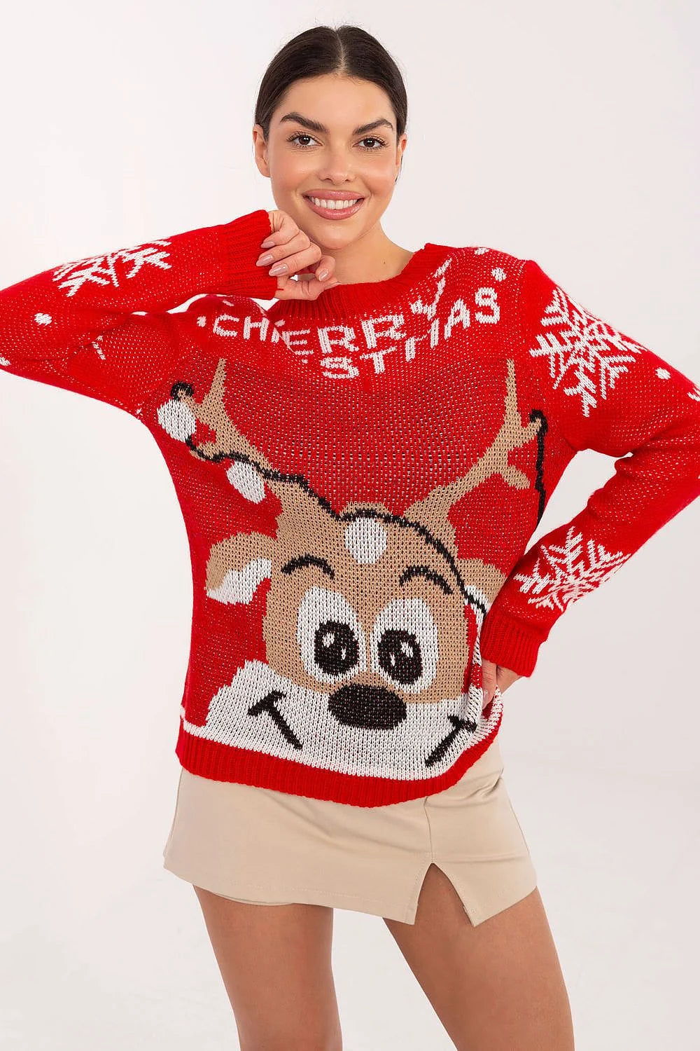 pull noël femme rouge jacquard renne grand motif flocons inscription col rond manches longues bordcôtes tricot chaud doux