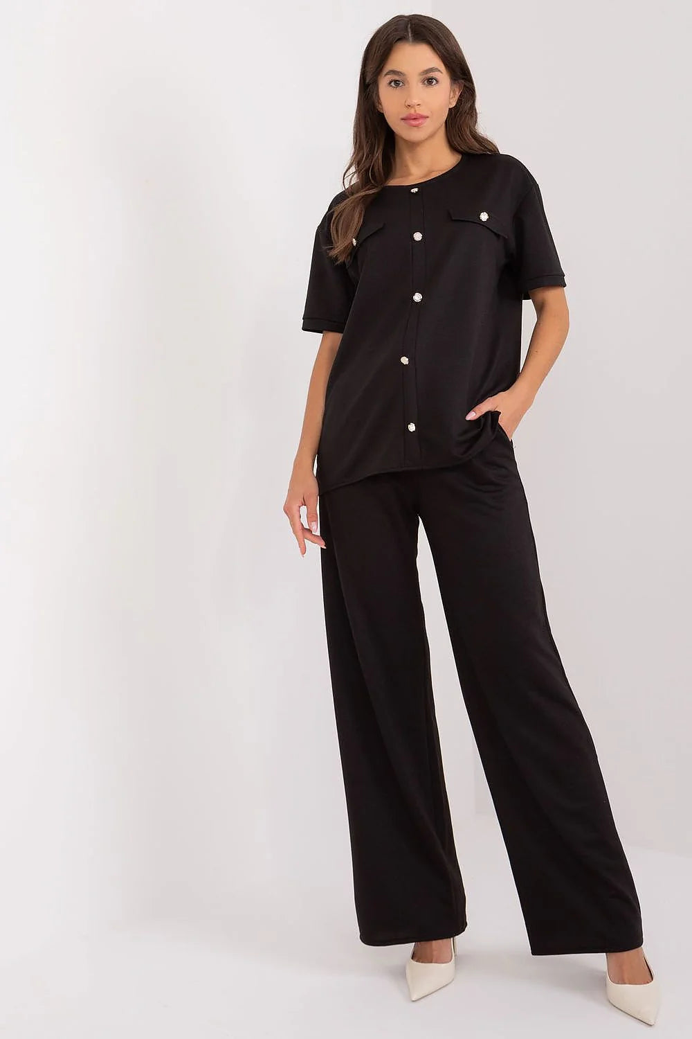 Ensemble pour femme élégant et confortable noir manches courtes pantalon large coupe droite occasionnels professionnels Lakerta