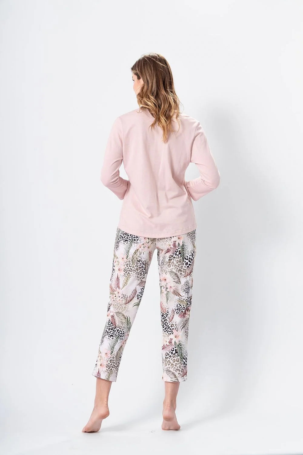 pyjama femme MMax pièces haut colV manches longues rose pâle coton doux pantalon cropped taille élastique imprimé léopardfeuillage