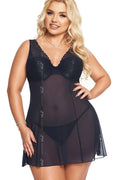 nuisette sexy élégante dentelle noire ajustée bretelles larges bonnets armatures soutiengorge transparent voile plissé jupe évasée tulle extensible string assorti