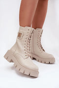 bottines montantes femme combat lacets beige crème similicuir lisse bout rond semelle plateau crantée talon épais boucle dorée