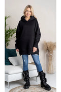 sweatshirt Hajdan oversize femme noir capuche longline molleton épais coton élasthanne poche kangourou manches raglan poignets côtelés fentes latérales