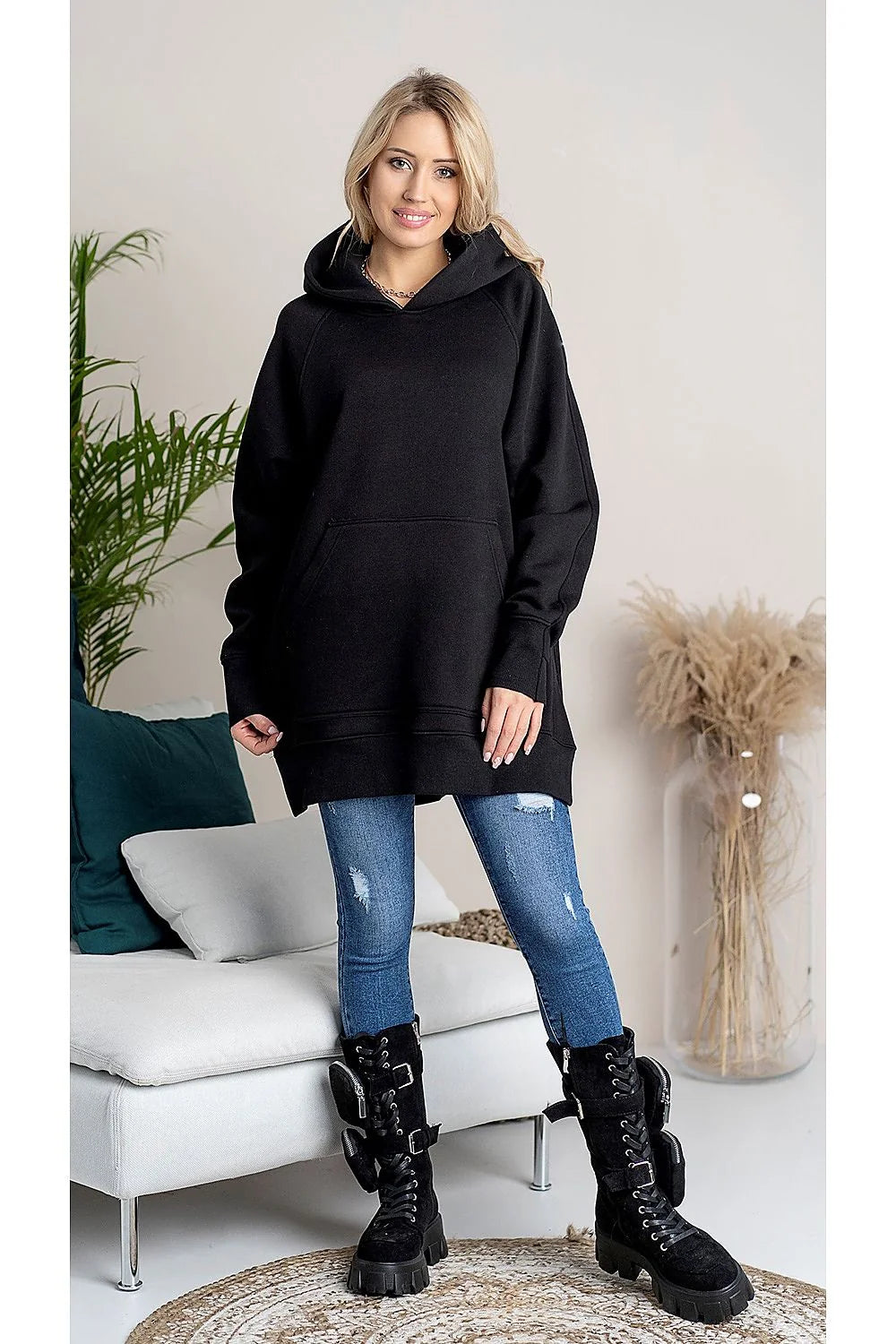 sweatshirt Hajdan oversize femme noir capuche longline molleton épais coton élasthanne poche kangourou manches raglan poignets côtelés fentes latérales