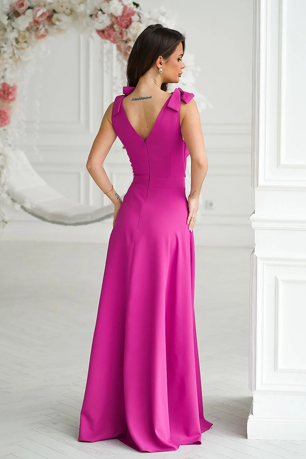 Robe de soirée élégante longue décolleté en V nœuds aux épaules taille ajustée fuchsia femmes polyester viscose