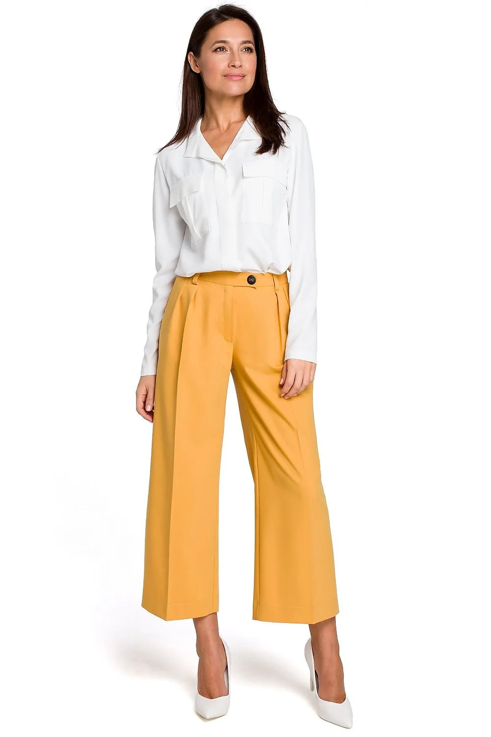 Pantalon femme Stylove élégant ample noir matières confortables taille haute boutons fermeture éclair hanches larges style intemporel occasion professionnelle décontractée