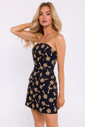 Robe de jour Moe mini corsetée tissu imprimé clés dorées sans bretelles encolure cœur dos nu fermeture glissante taille ajustable femme