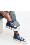 Baskets montantes pour femmes style urbain bleu denim tige haute semelle épaisse laces blanches métal vintage mode décontractée