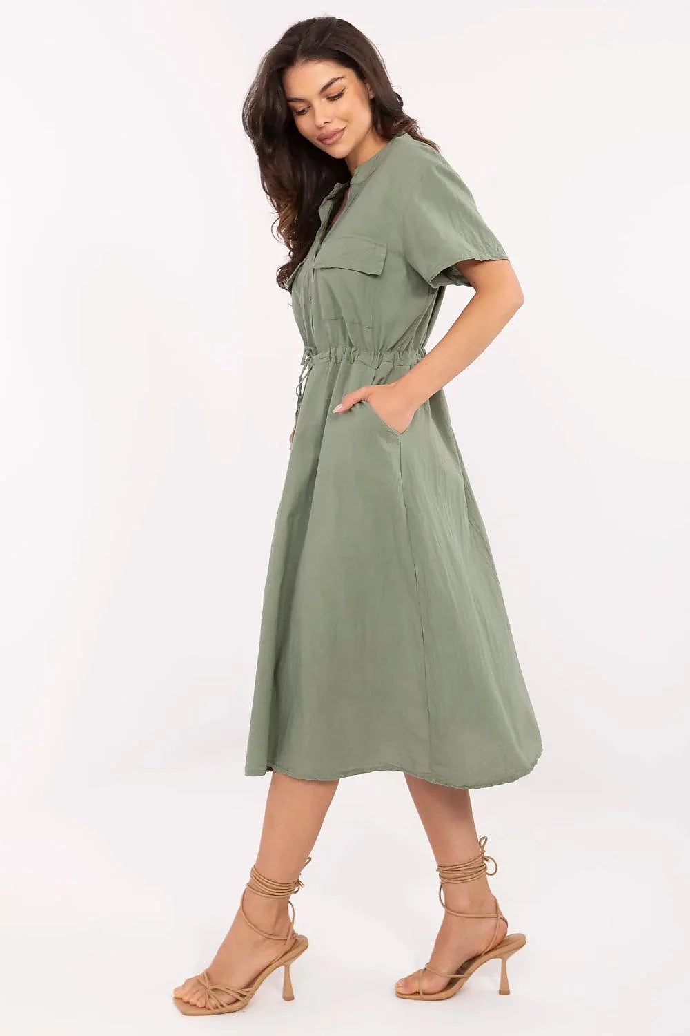 Robe de jour Italy Moda vert olive coupe évasée manches courtes col rond poches latérales ceinture ajustable femme