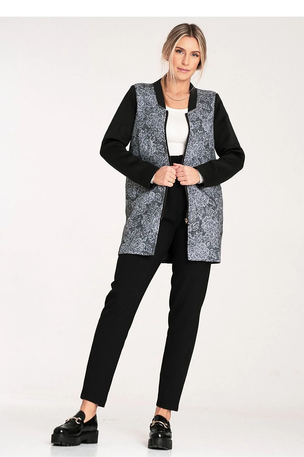 manteau Figl femme mi longue zippée col bomber jacquard gris floral manches noires fermeture éclair dorée poches latérales coupe droite