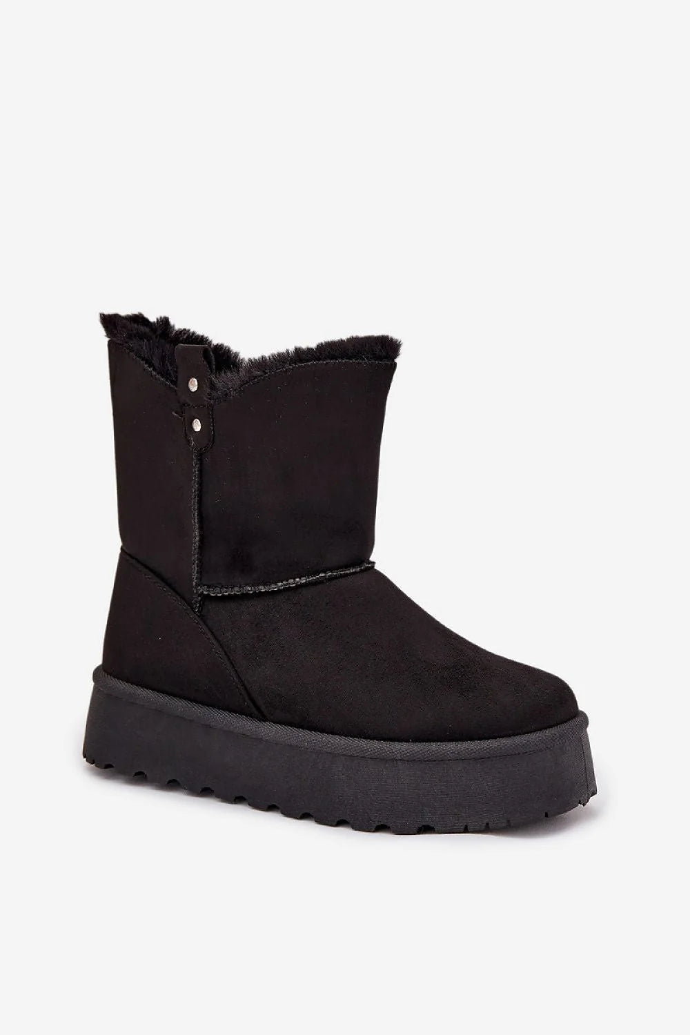 bottines femme suédine écologique doublure fourrure chaude confortable plateforme épaisse crantée antidérapante hauteur cheville bout arrondi coutures apparentes rivets décoratifs