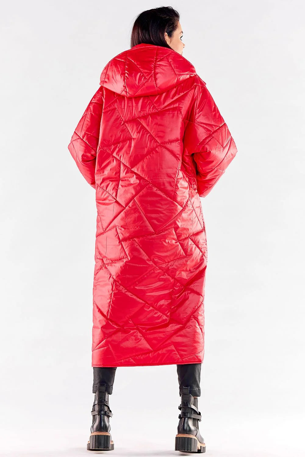 Manteau long oversize pour femme, rouge vif, nylon brillant, col montant, boutons-pression, poches latérales, isolé, tendance automne-hiver