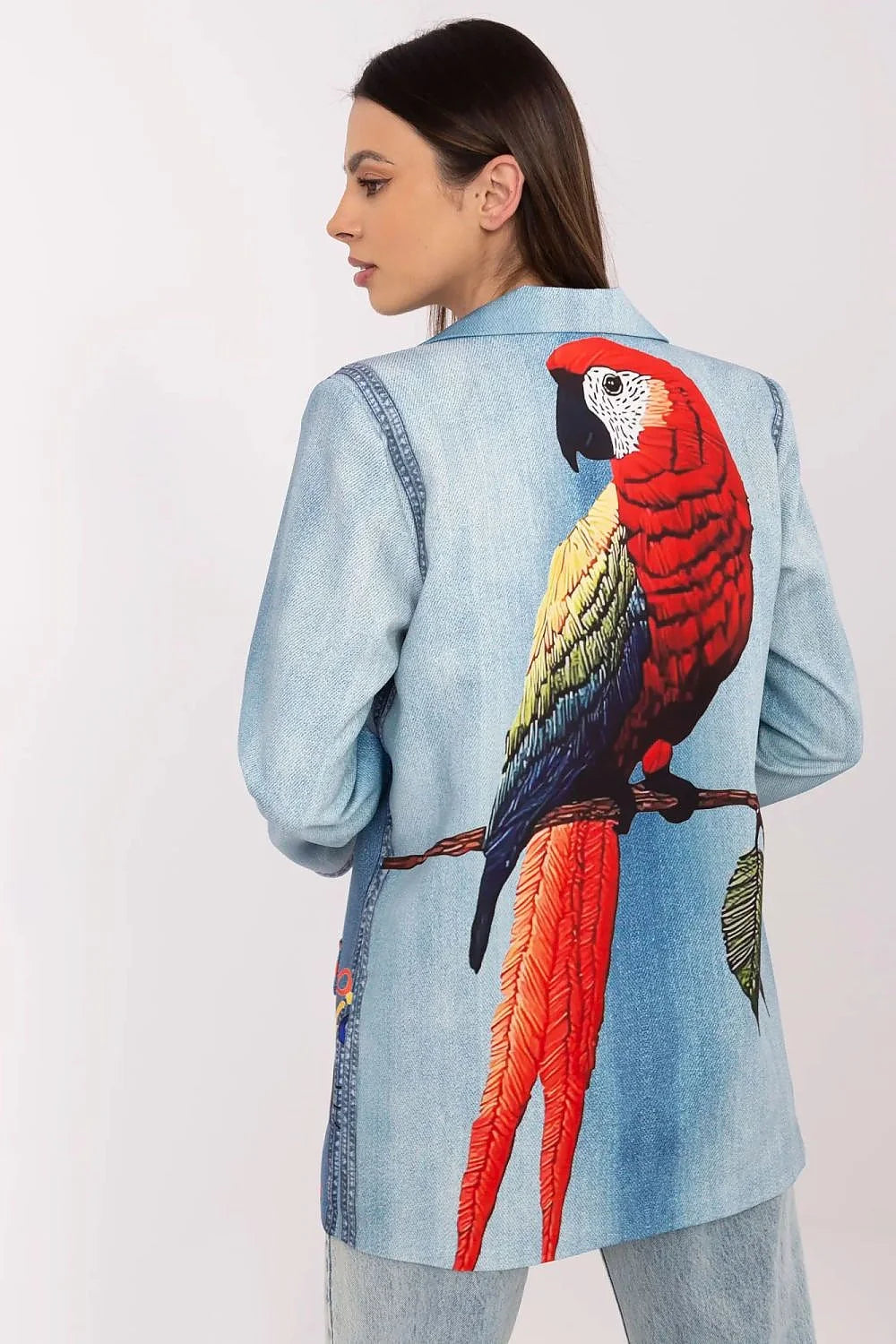 Veste blazer longue pour femme style denim imprimé perroquet manches longues coupe ajustée occasionnal