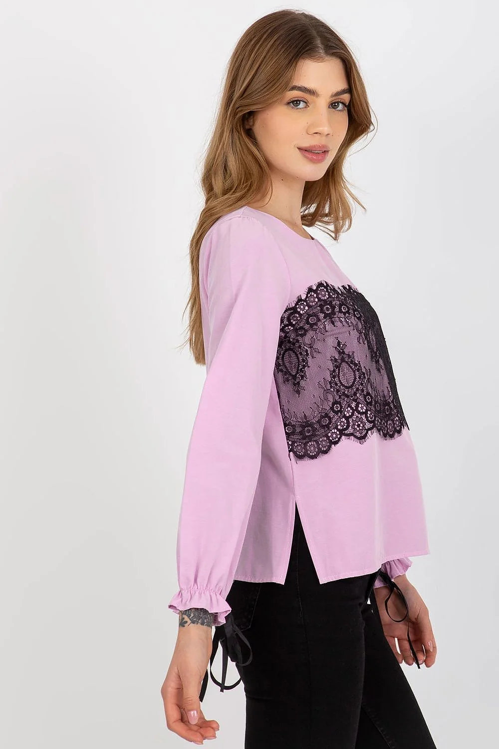 Chemisier Lakerta élégant pour femme manches longues dentelle noire rubans poignets tissu coton 100 % ajusté silhouette