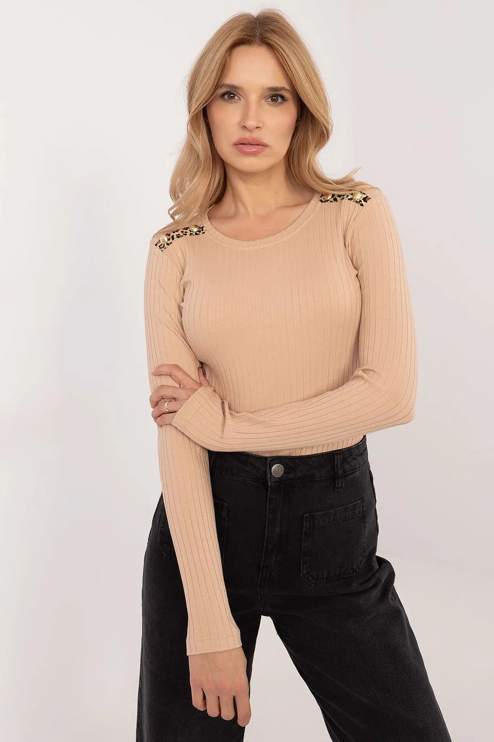 Chemisier ajusté côtelé motif animalier femmes mode élégant modern manches longues col rond beige stretch polyvalent occasion quotidienne travail