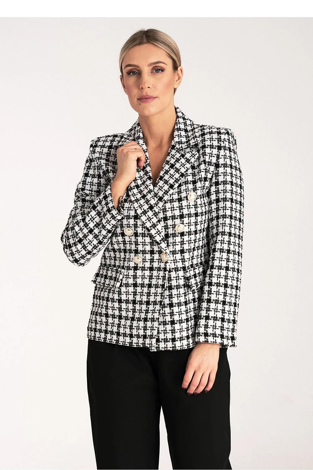 Veste blazer femme carreaux élégant professionnelle double boutonnage tissu jacquard coton polyester taille ajustable