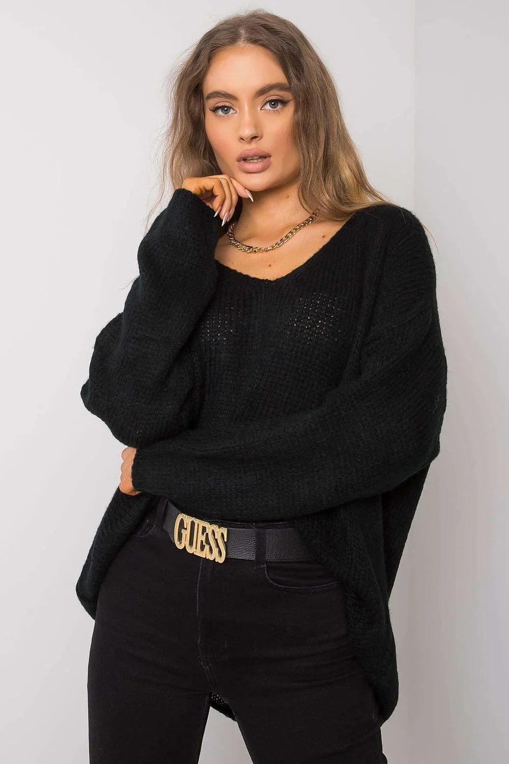 Pull pour femme Chandail Och Bella en acrylique et laine manches longues encolure V coupe ample finitions côtelées gris clair