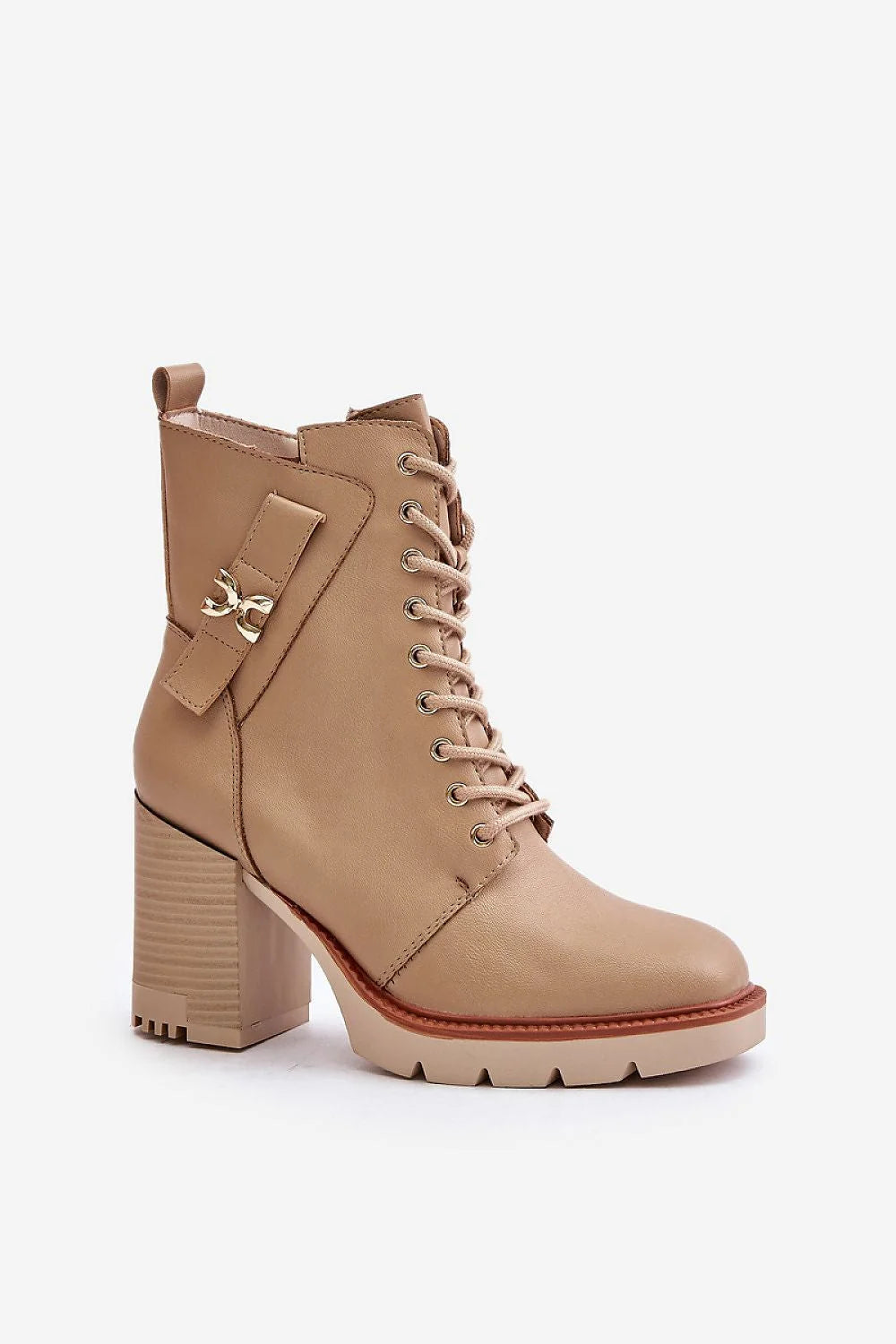 bottines femme talon aiguille haut 95mm cuir écologique beige montante cheville lacets zippée bride dorée intérieur chauffé semelle crantée