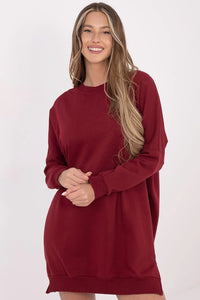 robe sweat femme oversize mini droite bordeaux molletonnée douce coton élasthanne manches longues col rond bords côtes fendu