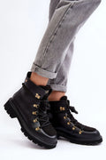 Bottes trappeur Step in style cuir naturel noir lisse tricoté métal doré femmes randonnée urbaine talon plat lacets semelle épaisse