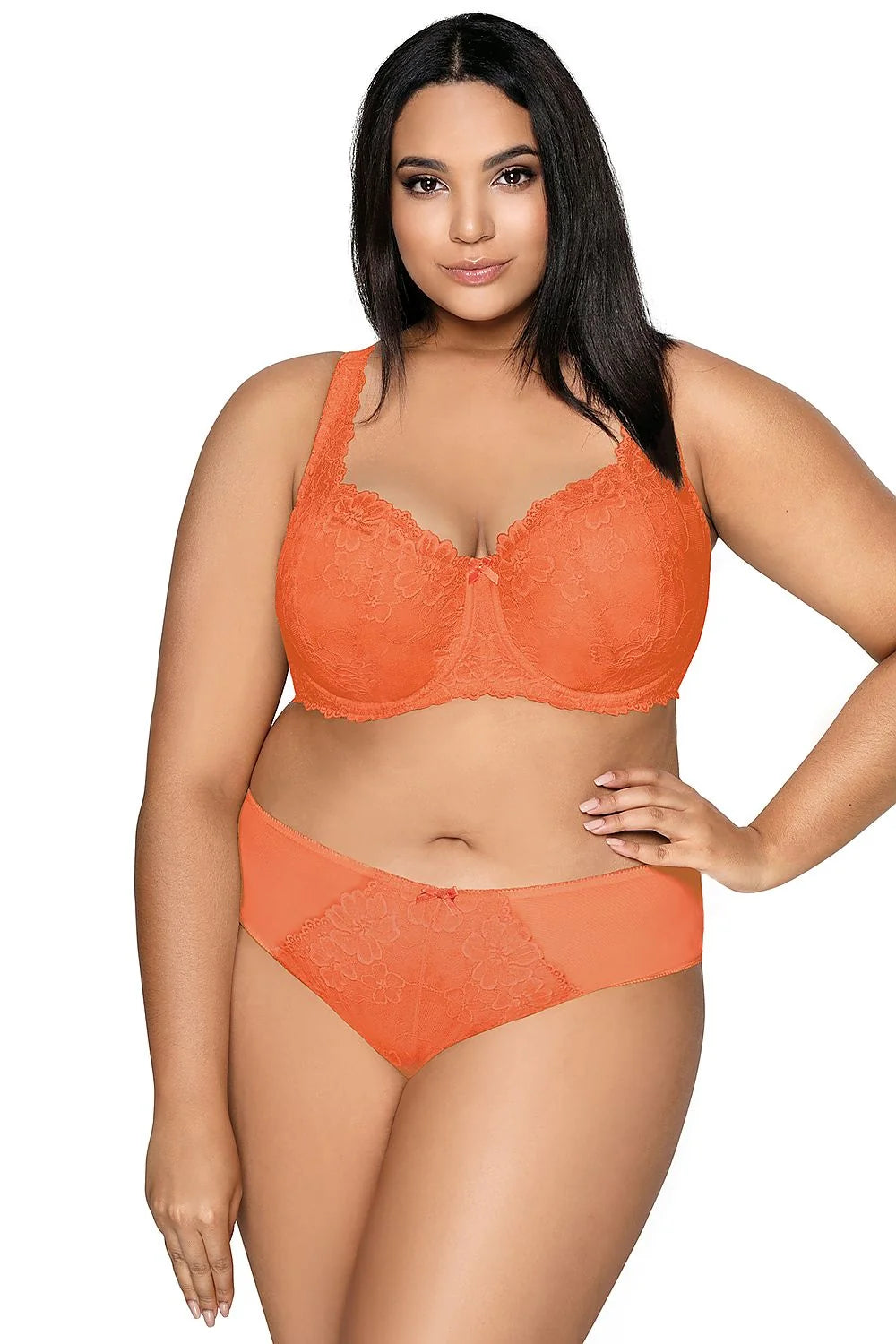 Ensemble de lingerie féminine sexy dentelle florale orange soutien-gorge culotte motifs floraux nœud décoratif taille ajustable femme