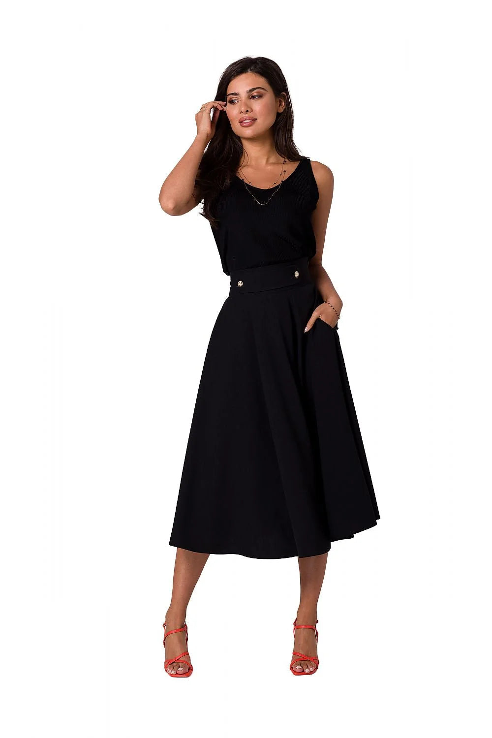 Jupe midi évasée taille haute ceinture intégrée boutons décoratifs dorés polyester fluide tombé léger rose poudré noir trapèze plissée