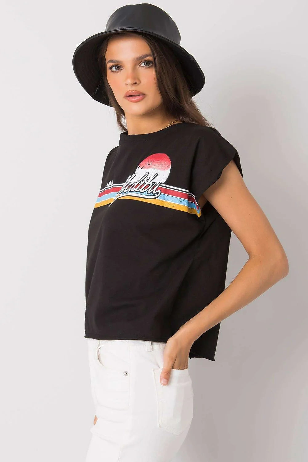 Tshirt Fancy femme noir coton jersey léger doux respirant coupe ample boxy manches courtes tombantes encolure ronde imprimé