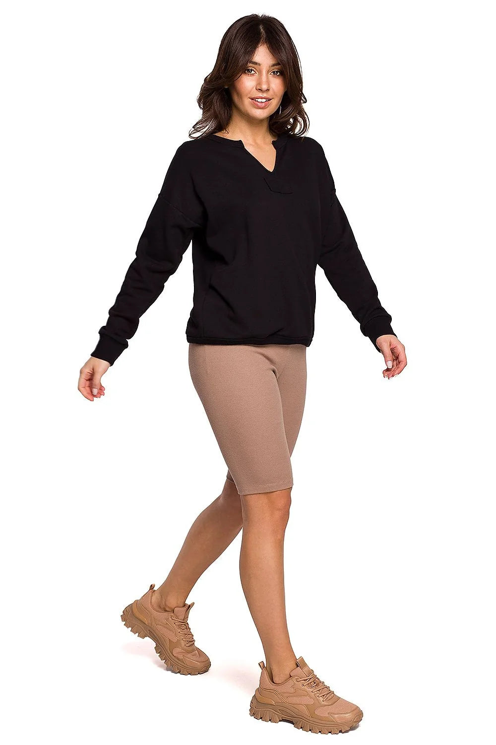Sweatshirt femme coton coupe ample rose col V manches longues confortable style décontracté élégant