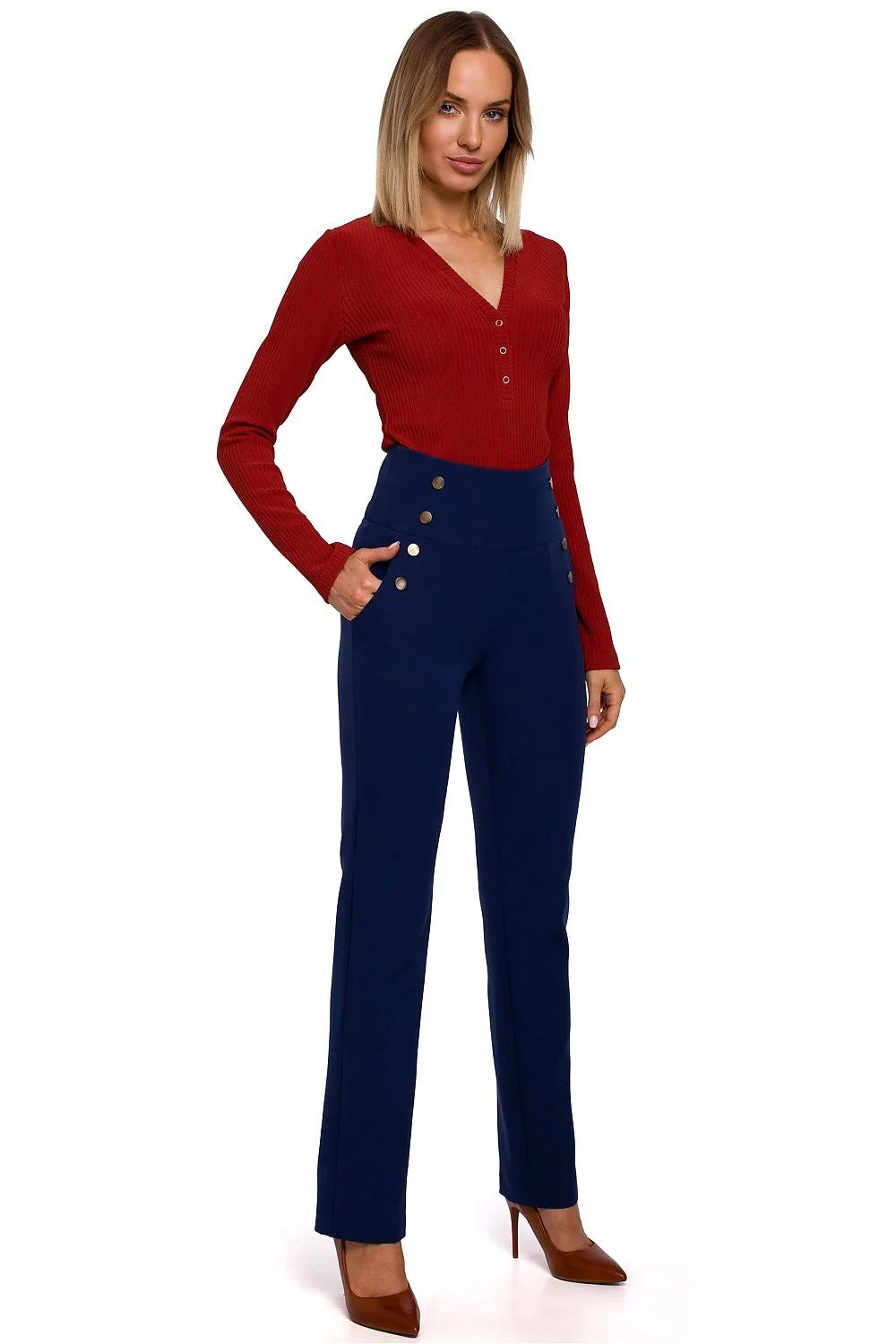 Tenue femme élégante chic en polyester élasthanne pantalons taille haute boutons dorés modernes