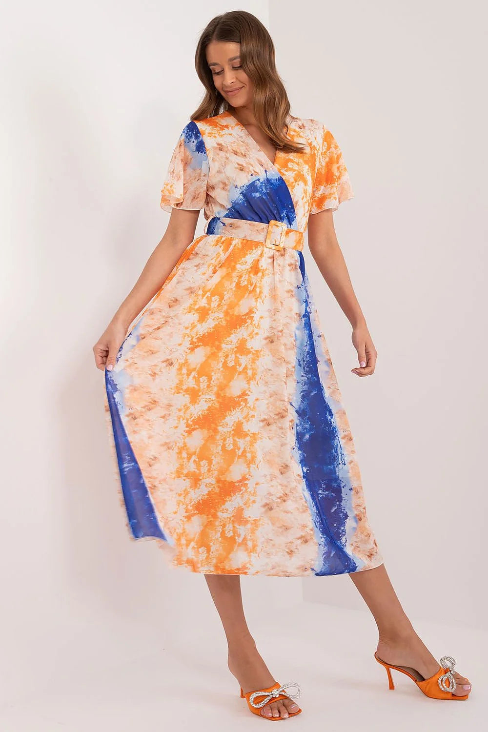 Robe tie-dye bohème chic style V short sleeves puffed fitted waist belt polyester viscose blend summer dress women