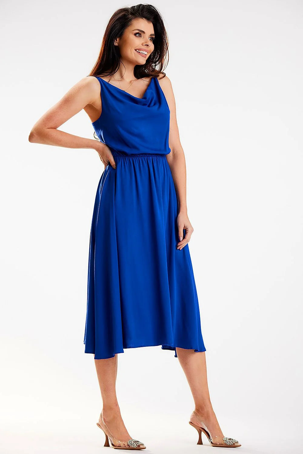 Robe midi bleu vif bretelles fines décolleté drapé coupe ajustée femmes occasion semi-formelle été