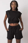 Ensemble femme modern style Rue Paris crop top sans manches et short taille élastique en coton noir