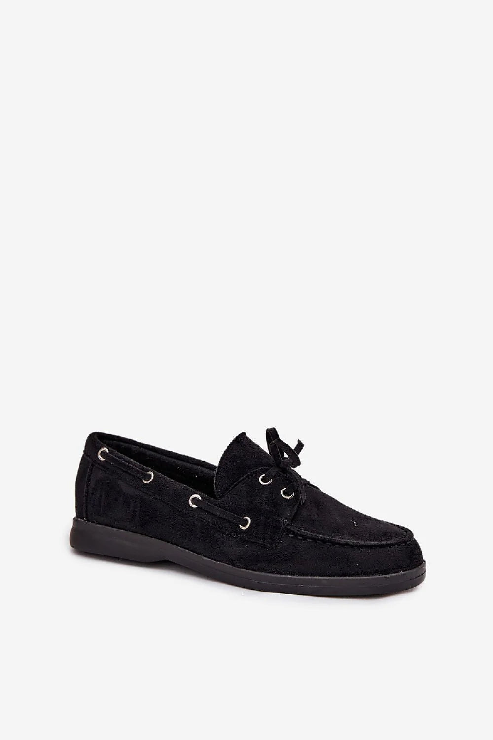 mocassins femmes suédine écologique noir lacets décoratifs œillets métalliques couture apparente semelle caoutchouc antidérapante bout arrondi coupe basse doublure confortable