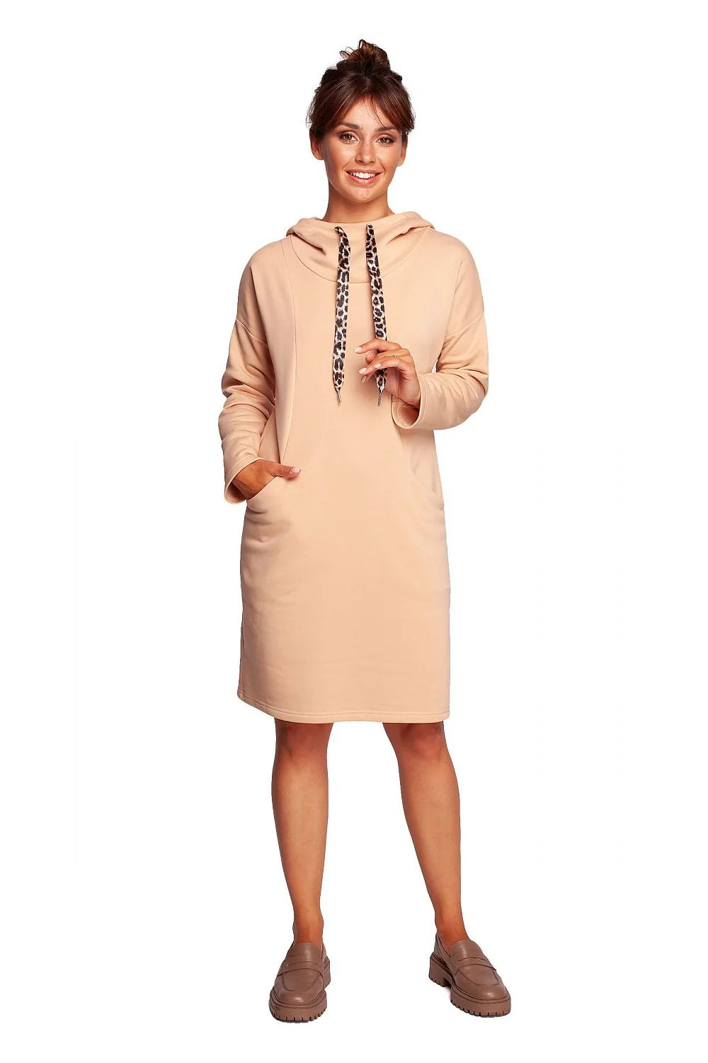 Robe femme mode décontractée capuche col montant imprimé léopard violet coton polyester confortable taille ajustable manches longues poche kangourou