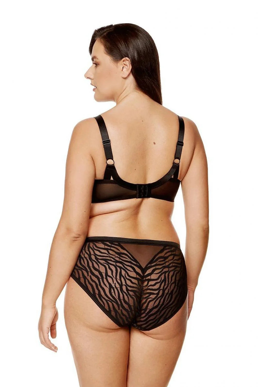 Ensemble de lingerie féminine semi-transparente soutien-gorge demi-lune culotte classique motif zébré noir tissu synthétique confortable