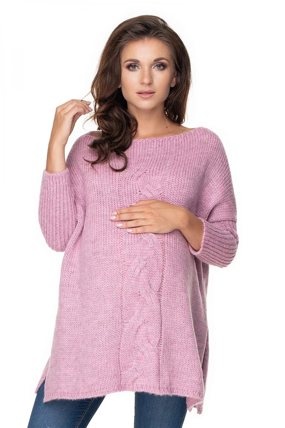 pull oversize femme long tunique maille tricotée crème col bateau torsadé vertical coupe ample manches longues fentes latérales douceur maternité