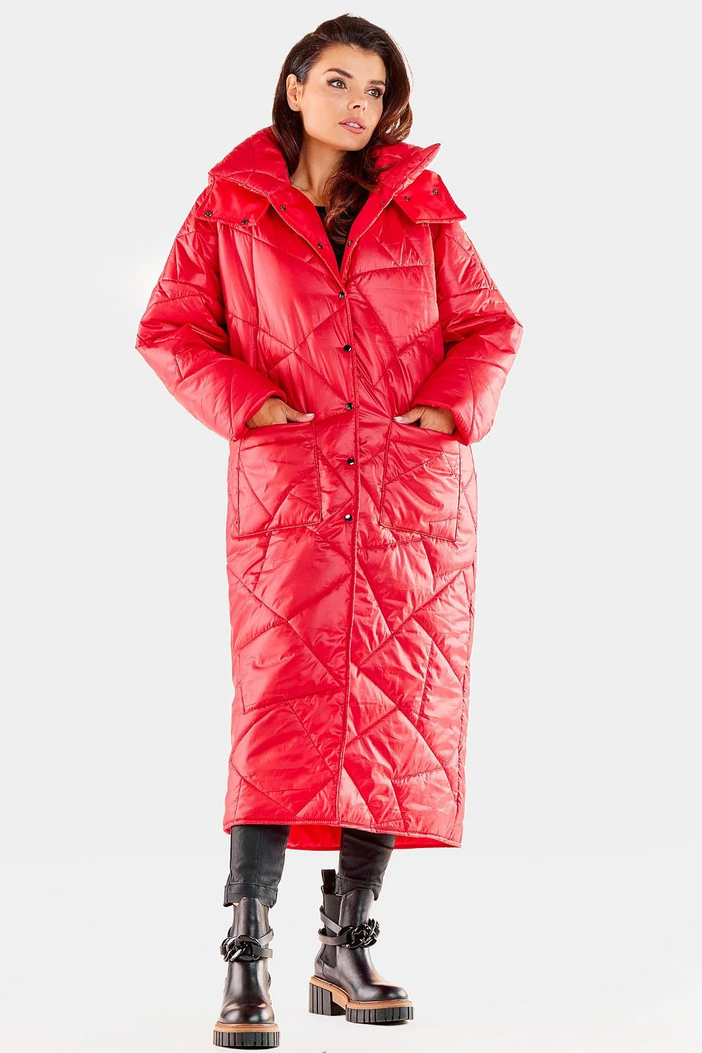 Manteau long oversize pour femme, rouge vif, nylon brillant, col montant, boutons-pression, poches latérales, isolé, tendance automne-hiver