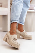 Chaussures basses à talons Step in style en cuir naturel beige clair, talon épais 7.5 cm, design moderne, confortable, style élégant pour femmes