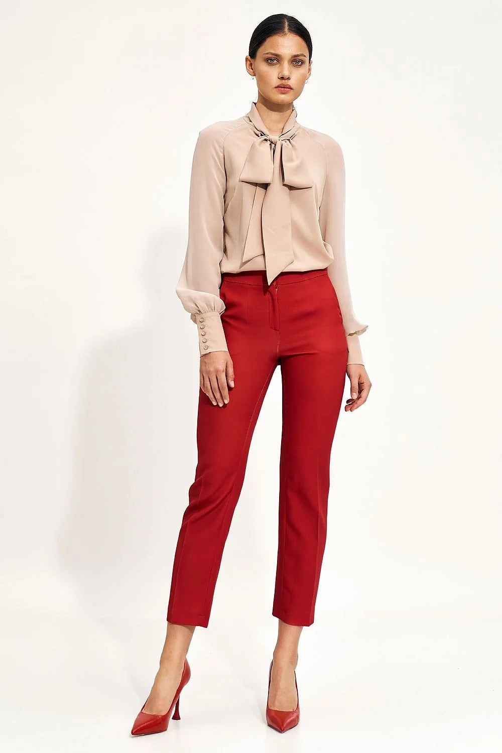 Pantalon femme Nife chinois large droit taille élastique Polyester élasthanne beige élégance moderne style professionnel