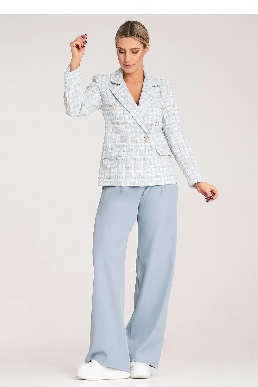 Blazer femme double boutonnage pied-de-poule bleu pâle et blanc taille ajustable coton polyester épaules structurées style élégant