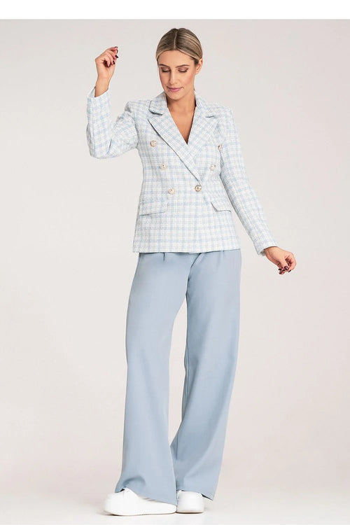 Blazer femme double boutonnage pied-de-poule bleu pâle et blanc taille ajustable coton polyester épaules structurées style élégant