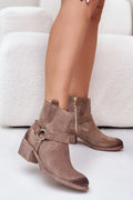 Bottes pour femmes élégantes contemporaines cuir suédé taupe harnais décoratif automne hiver talon moyen_zip doré