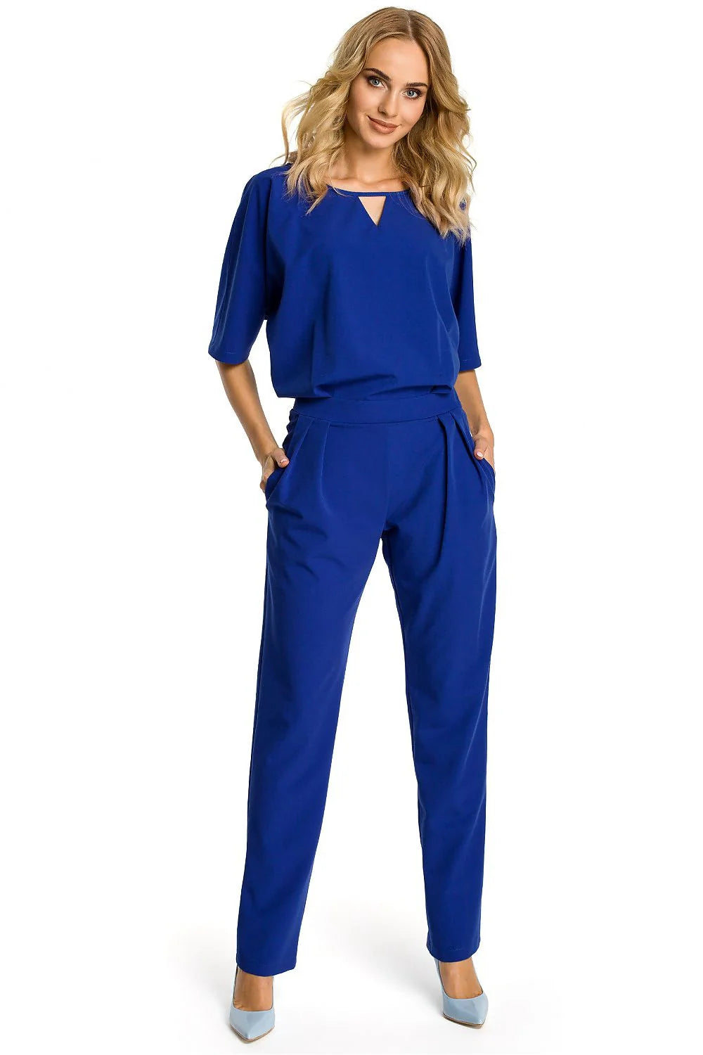 Combinaison bleu royal polyester moderne élégante manches courtes coupe droite poches latérales confort chic