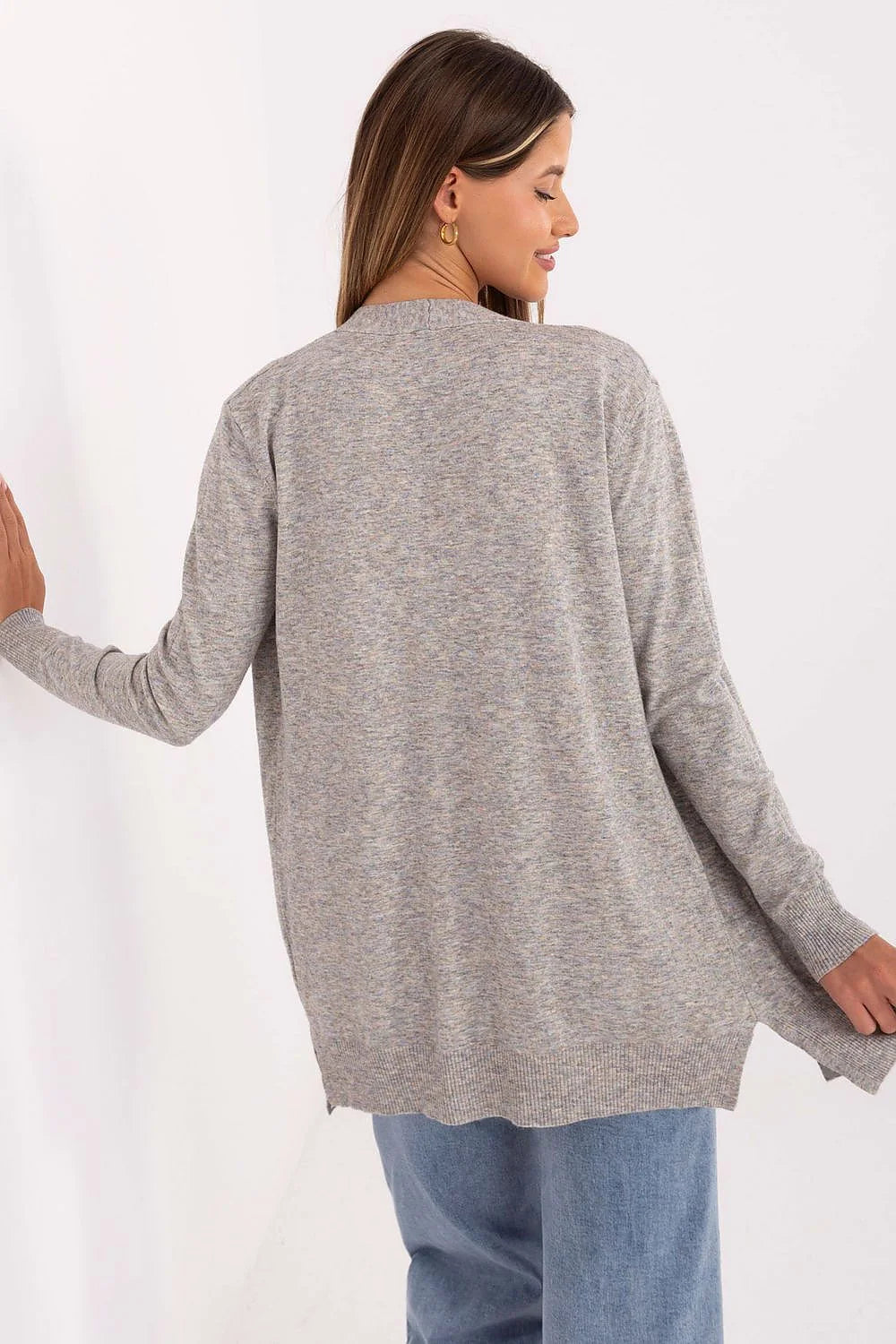 cardigan femme long ouvert maille fine gris chiné manches longues coupe relaxed poches plaquées finitions côtelées poignets ourlet léger confortable